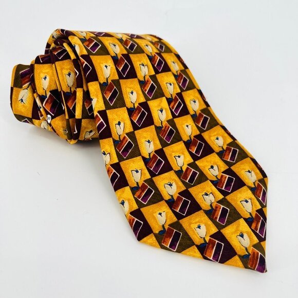 Robert Talbott Best of‎ Class Butter Yellow Check Tie Tulips 100% Silk Nordstrom - Picture 1 of 6